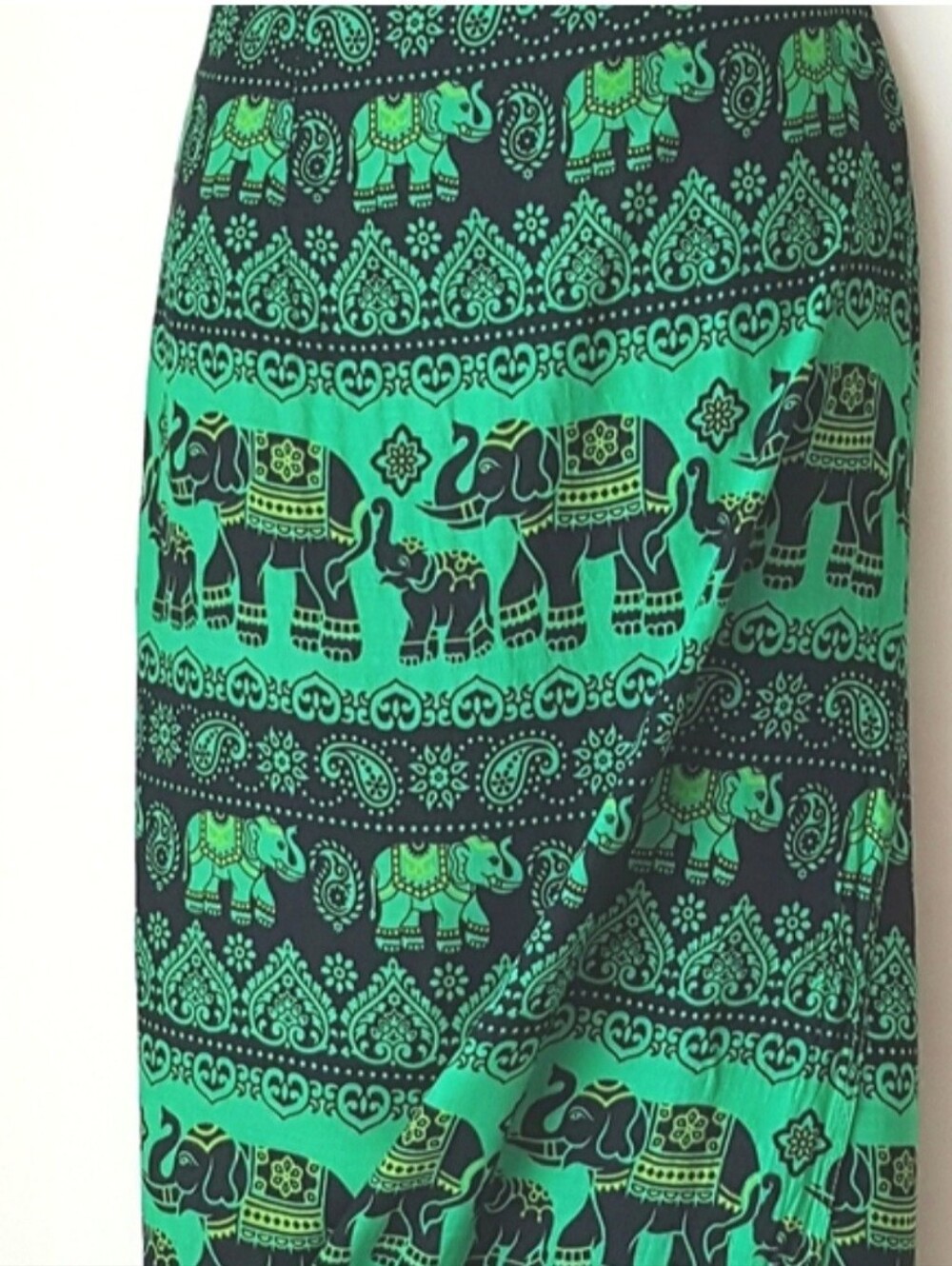 Elephants Pattern Wrap Rayon Maxi Skirt Batik Thailand  Kellly Green Black Fest